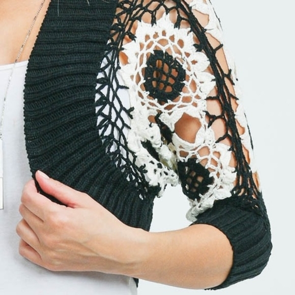 Chic Embroidered Wildflower Crop Cotton Cardigan Sweater Sleeve in Black - Picture 4 of 13